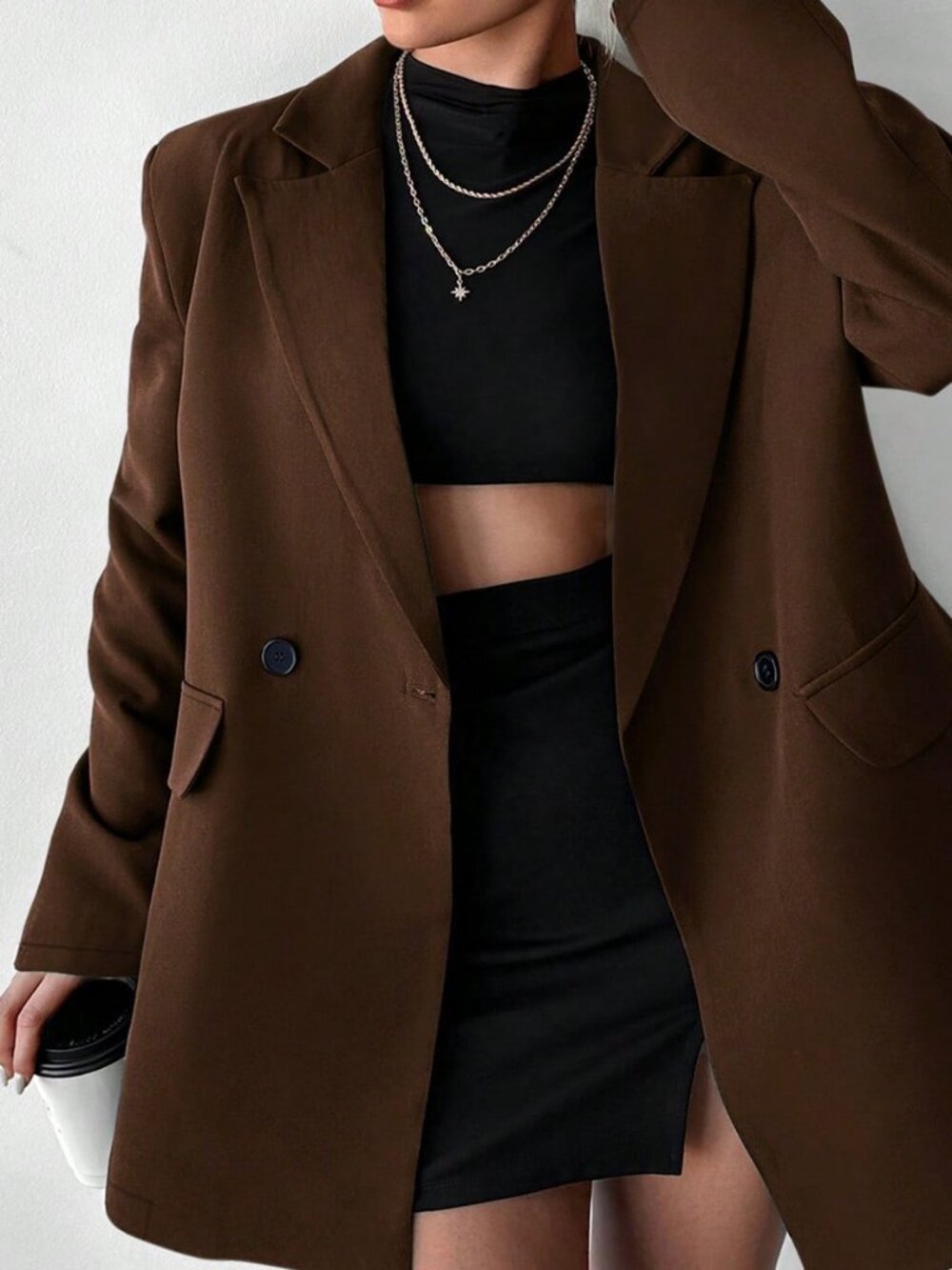 Brown Casual Women's Oversized Padded Shoulder Blazer Jacket - Picture 4 of 5